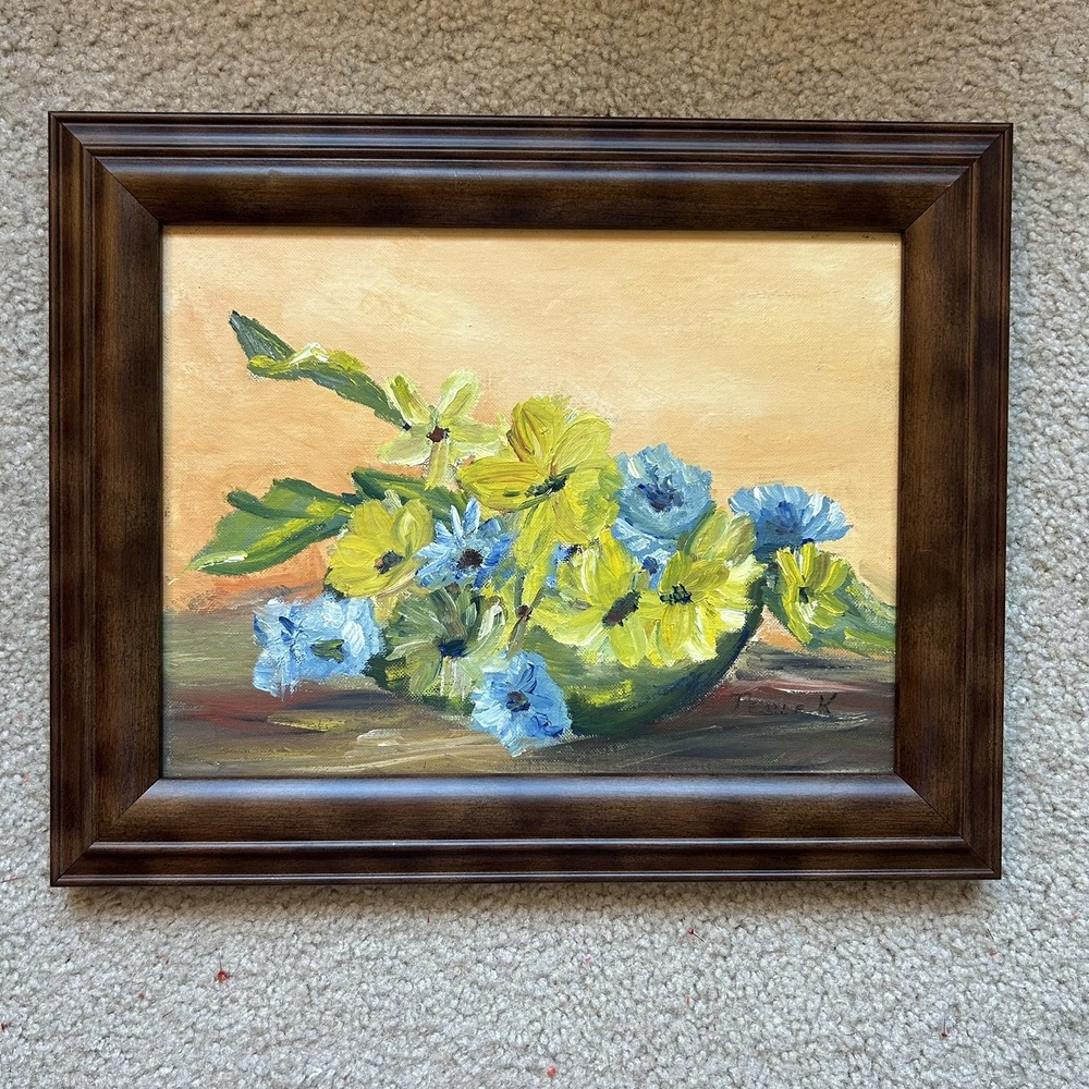 VTG Original Yellow Blue Flower Bouquet Oil Painting Framed Signed Tassie K
